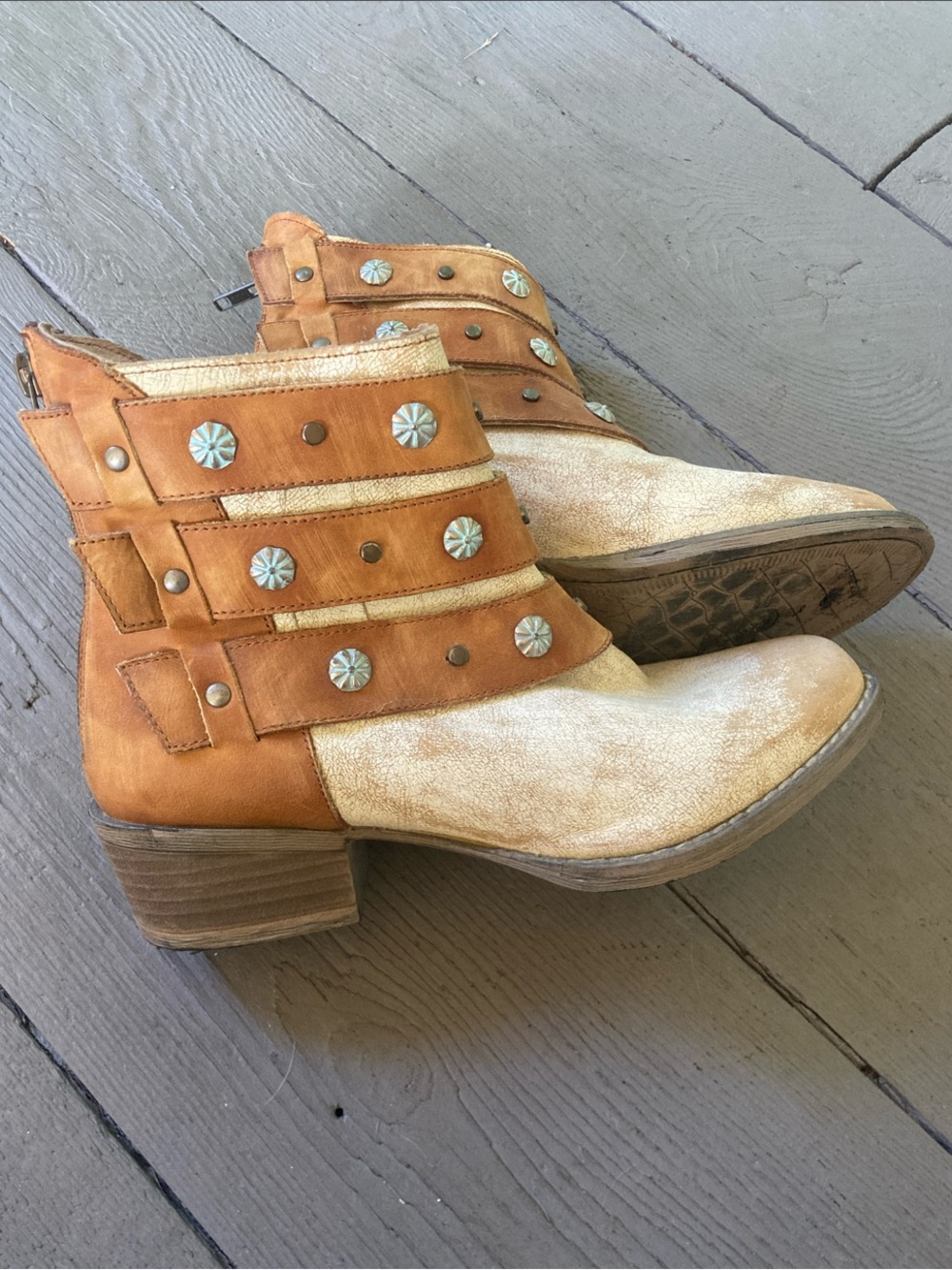 Circle G Tan & Beige Suede Western Ankle Boots with Concho Straps